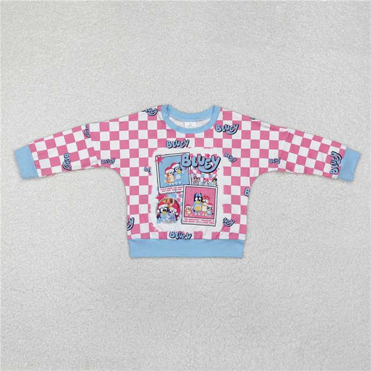 RTS NO MOQ Baby Girls Long Sleeve GT0732 Christmas Blue Checkered Dog Tee Shirts Tops
