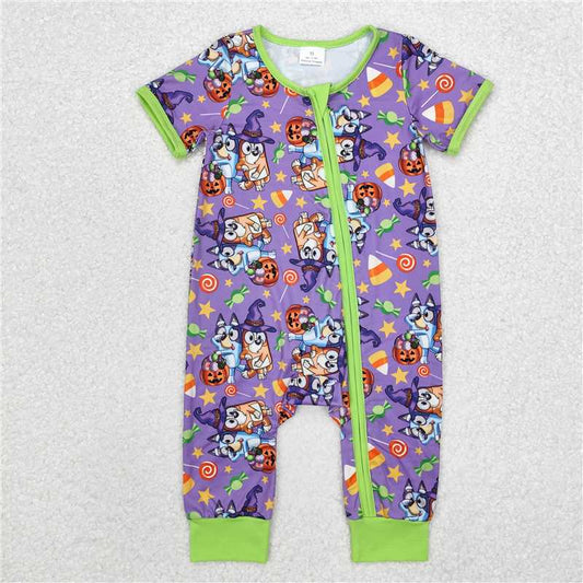 RTS NO MOQ Baby Boys Summer Bodysuit SR1803 Dog Halloween Purple Bamboo Zip Sleepers Rompers
