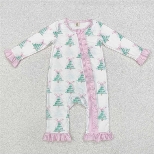 5.19 RTS NO MOQ Baby Girls Bodysuit LR1518 Christmas Tree Pink Bows Bamboo Zip Rompers