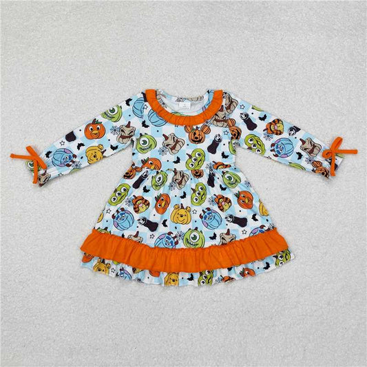 RTS NO MOQ Baby Girls Long Sleeve GLD0791 Pumpkin Halloween Ruffle Knee Length Dresses