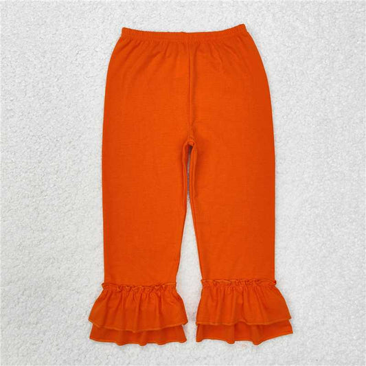 RTS NO MOQ Baby Girls Long Pants P0634 Orange Double Ruffle Cotton Pants