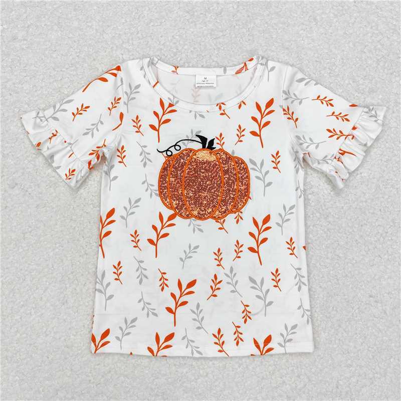 RTS NO MOQ Summer Baby Girls Short Sleeve GT0824 Fall Pumpkin Embroidery Short Sleeve Tee Shirts Tops