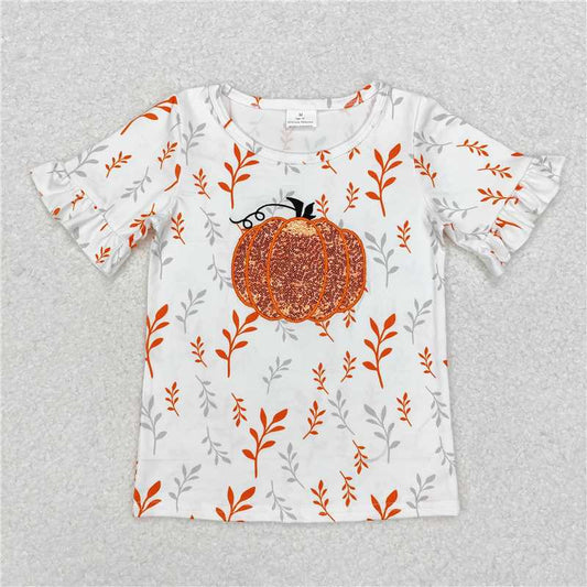 RTS NO MOQ Summer Baby Girls Short Sleeve GT0824 Fall Pumpkin Embroidery Short Sleeve Tee Shirts Tops