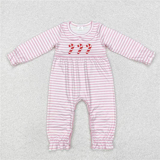 5.14 RTS NO MOQ Baby Girls Bodysuit LR1441 Christmas Candy Cane Pink Long Sleeve Rompers