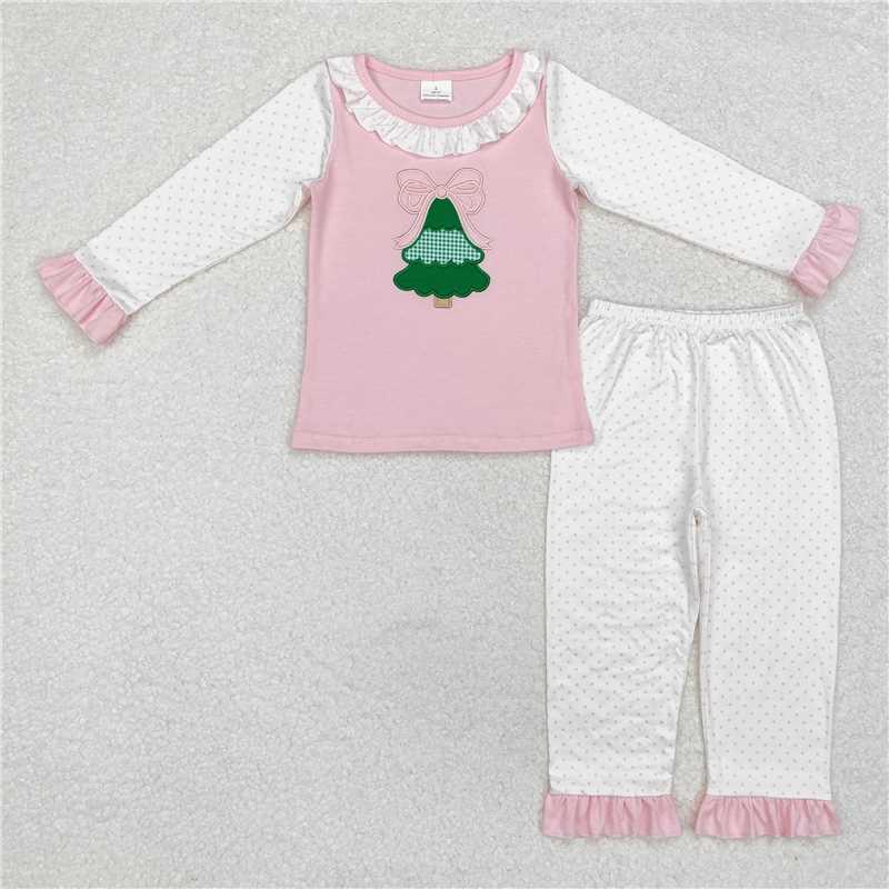 GLP1628 Baby Girls Christmas Tree Bow Shirt Pants Pajamas Clothes Sets