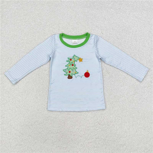 RTS NO MOQ Baby Boys Long Sleeve BT0809 Christmas Blue Stripes Tree Tee Shirts Tops