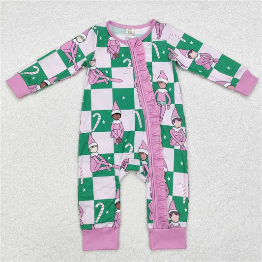 5.19 RTS NO MOQ Baby Girls Bodysuit LR1818 Pink Christmas Hat Plaid Shelf Zip Rompers