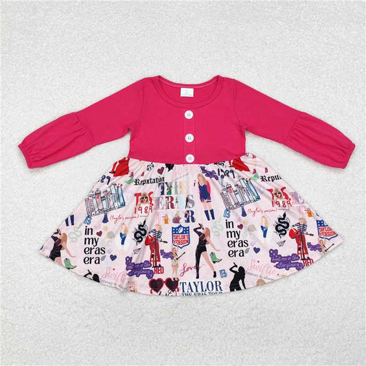 RTS NO MOQ Baby Girls Long Sleeve GLD0734 Hot Pink Singer Ruffle Knee Length Dresses