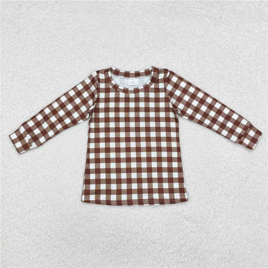 RTS NO MOQ Baby Boys Long Sleeve BT0853 Brown Checkered Tee Shirts Tops