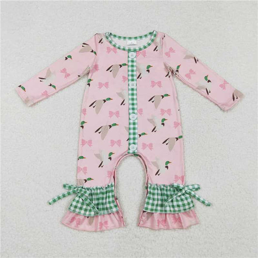 5.14 RTS NO MOQ Baby Girls Bodysuit LR1689 Pink Plaid Ruffle Mallard Ducks Buttons Bows Rompers