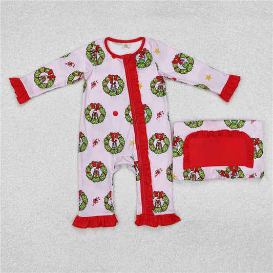 5.19 RTS NO MOQ Baby Girls Bodysuit LR1664 Christmas Green Face Ruffle Zip Rompers