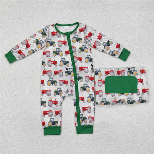 5.15 RTS NO MOQ Baby Boys Bodysuit LR1480 Farm Green Red Tractors Zip Long Sleeve Rompers