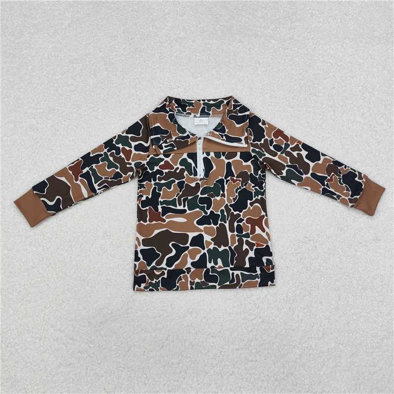 RTS NO MOQ Baby Boys Long Sleeve BT0810 Fall Camo Brown Zip Pullovers Tops
