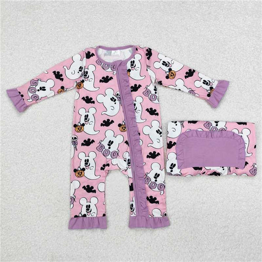 5.14 RTS NO MOQ Baby Girls Bodysuit LR1424 Halloween Pink Ghost Zip Long Sleeve Rompers