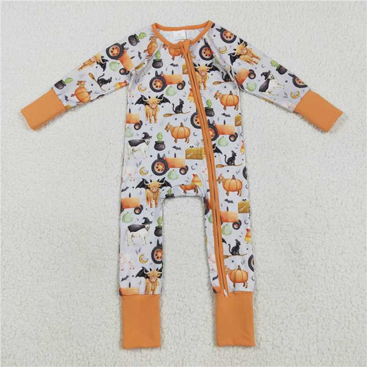 11.12  LR2444 Baby Girls Farm Bats Pumpkins Halloween Zipper Footie Rompers
