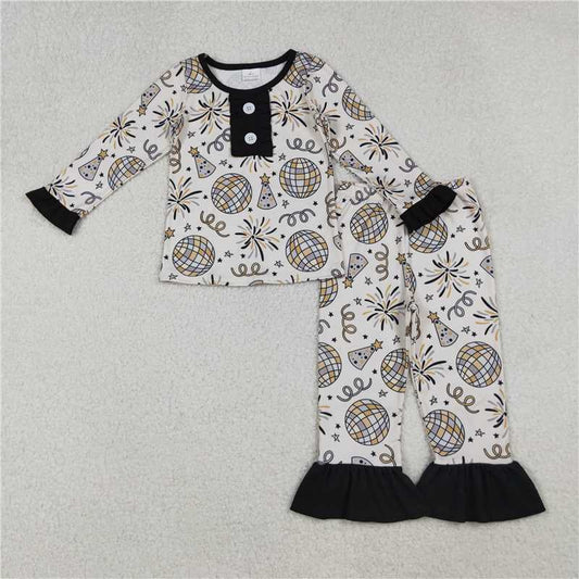 11.27 GLP2563 Baby Girls Happy New Year Button Top Ruffle Pant Pajamas Sets