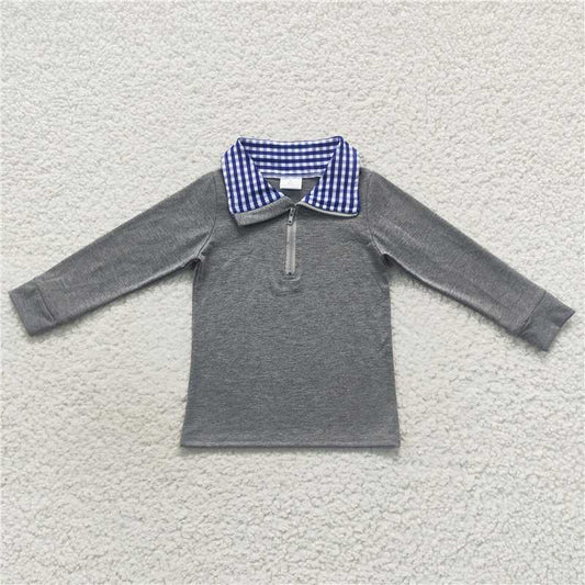 7.10 RTS NO MOQ Baby Boys Long Sleeve BT0285 Blue Checkered Long Sleeve Pullover Tee Shirt Top