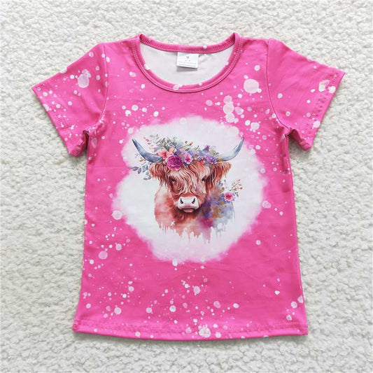 7.24 RTS NO MOQ Summer Baby Girls Short Sleeve GT0212 Highland Cow Flowers Short Sleeve Shirts Tops