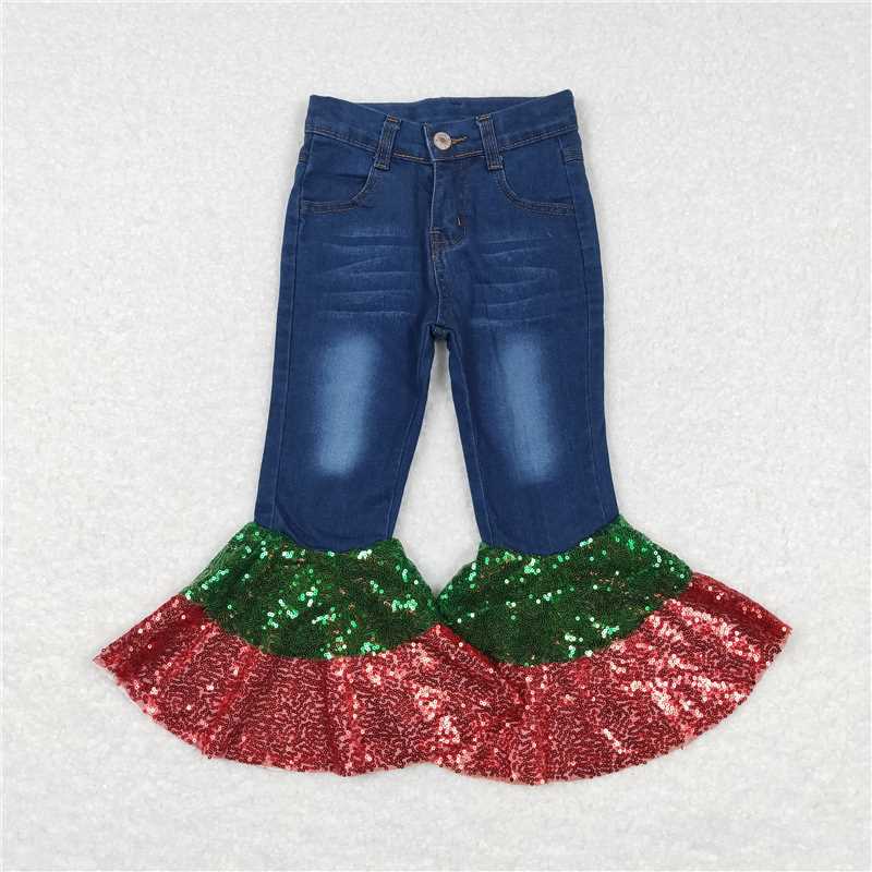 RTS NO MOQ Baby Girls Pants P0113 Christmas Denim Sequin Bell Bottom Pants Jeans