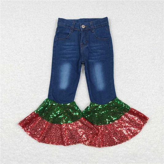 RTS NO MOQ Baby Girls Pants P0113 Christmas Denim Sequin Bell Bottom Pants Jeans