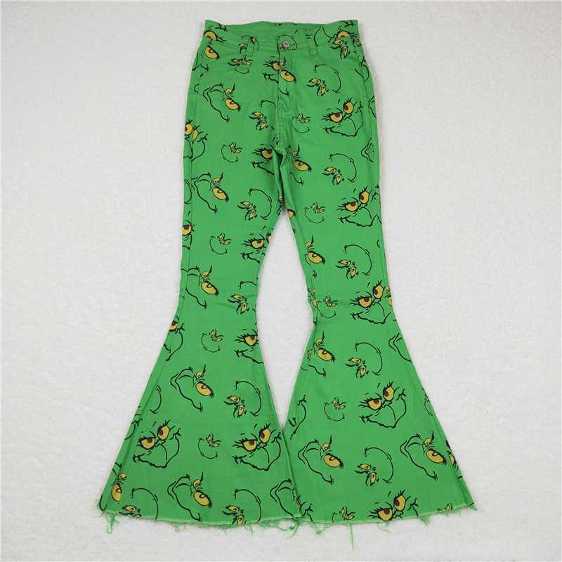 Adult Christmas Green Frog Face Denim Bell Pants Jeans