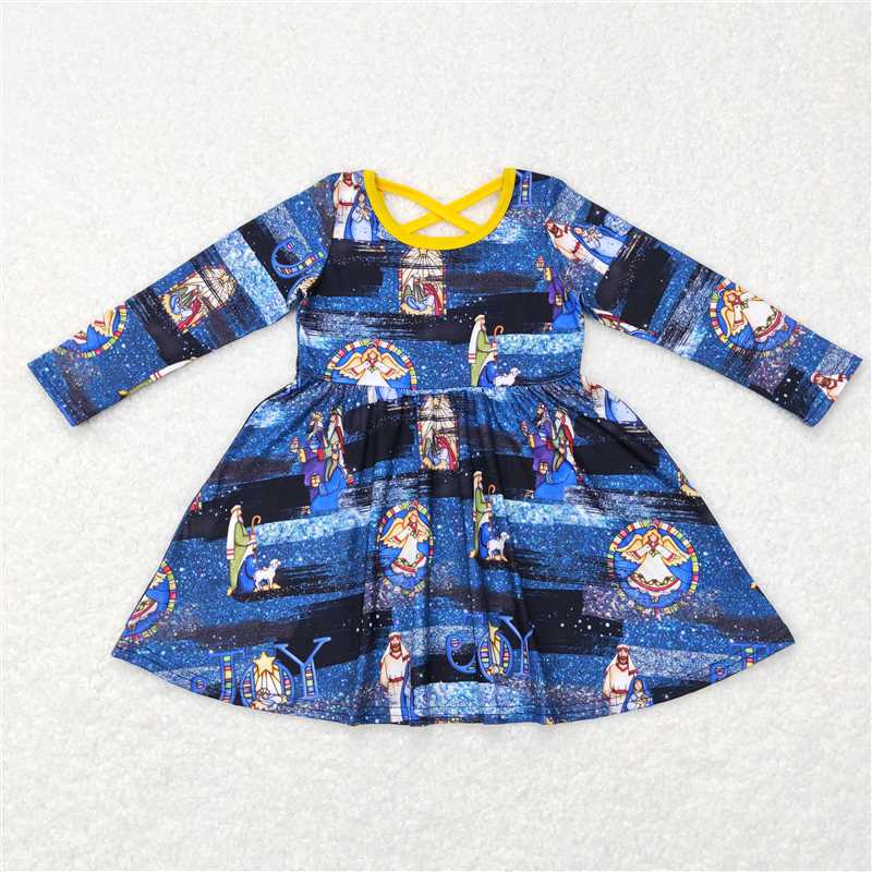 6.18 RTS NO MOQ Baby Girls Long Sleeve GLD0446 Christmas Nativity Long Sleeve Knee Length Dresses