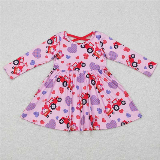 6.18 RTS NO MOQ Baby Girls Long Sleeve GLD0454 Valentines Hearts Tractor Knee Length Dresses