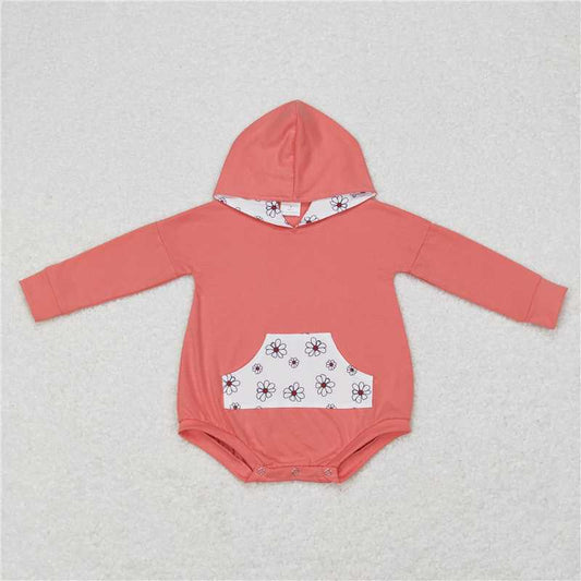 7.28 RTS NO MOQ Baby Girls Bodysuit LR0758 Pink Flowers Long Sleeve Hooded Rompers