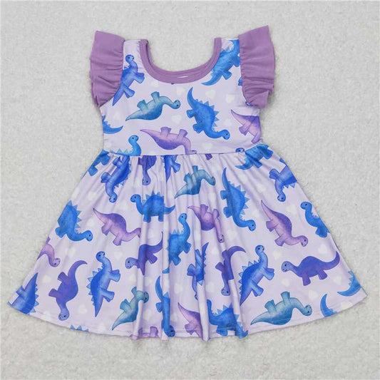 8.2 RTS NO MOQ Summer Baby Girls Dresses GSD0493 Purple Dinosaur Flutter Sleeve Knee Length Dresses