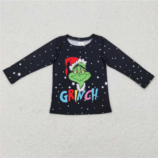 5.22 RTS NO MOQ Baby Girls Long Sleeve GT0329 Christmas Face Black Long Sleeve Shirts Tops