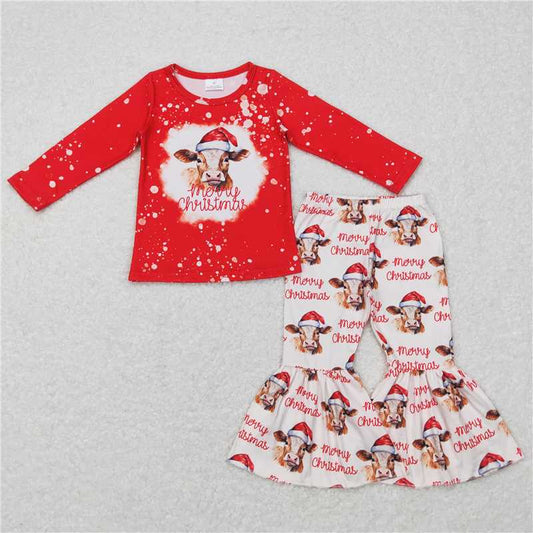 GLP0868 Baby Girls Merry Christmas Highland Cow Bell Bottom Pants Outfit