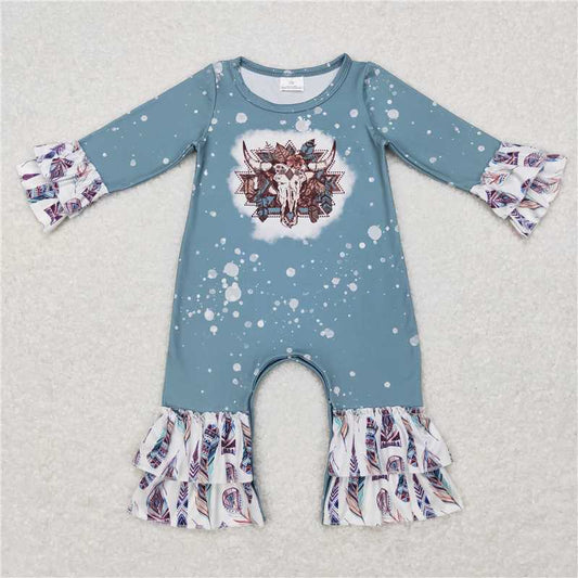 7.28 RTS NO MOQ Baby Girls Bodysuit LR0593 Cow Skull Feather Long Sleeve Rompers