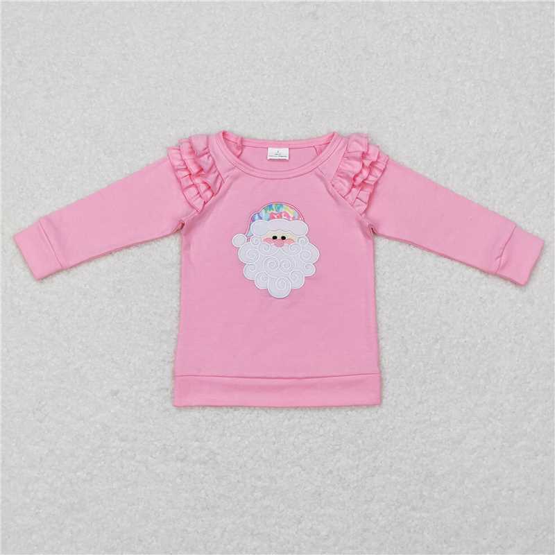 5.22 RTS NO MOQ Baby Girls Long Sleeve GT0369 Christmas Pink Santa Long Sleeve Ruffle Tee Shirts Tops