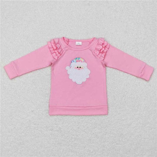 5.22 RTS NO MOQ Baby Girls Long Sleeve GT0369 Christmas Pink Santa Long Sleeve Ruffle Tee Shirts Tops
