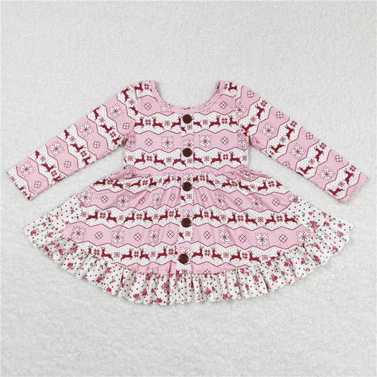 6.18 RTS NO MOQ Baby Girls Long Sleeve GLD0433 Christmas Pink Deer Ruffle Knee Length Dresses