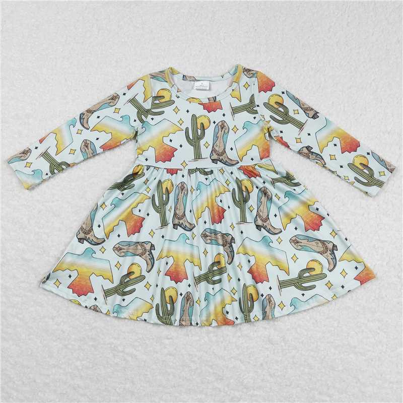 6.18 RTS NO MOQ Baby Girls Long Sleeve GLD0349 Western Birds Boots Cactus Knee Length Dresses