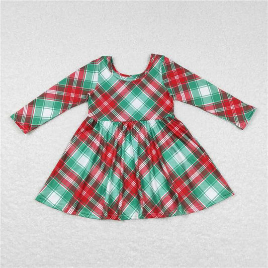 6.18 RTS NO MOQ Baby Girls Long Sleeve GLD0462 Red Green Plaid Christmas Knee Length Boutique Dresses