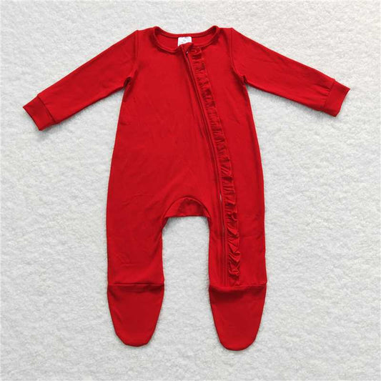 7.28 RTS NO MOQ Baby Girls Bodysuit LR0550 Zip Footie Christmas Red Solid Color Winter Rompers
