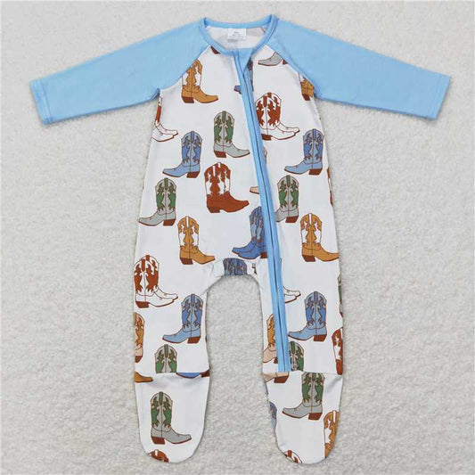 7.7 RTS NO MOQ Baby Boys Bodysuit LR0853 Western Blue Boots Zip Sleepers Rompers