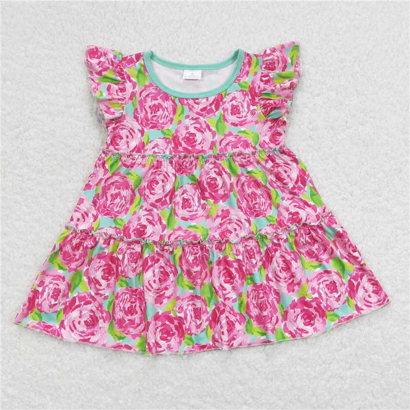 5.20 RTS NO MOQ Summer Baby Girls Short Sleeve GT0475 Flutter Sleeve Pink Rose Flowers Tunic Tops
