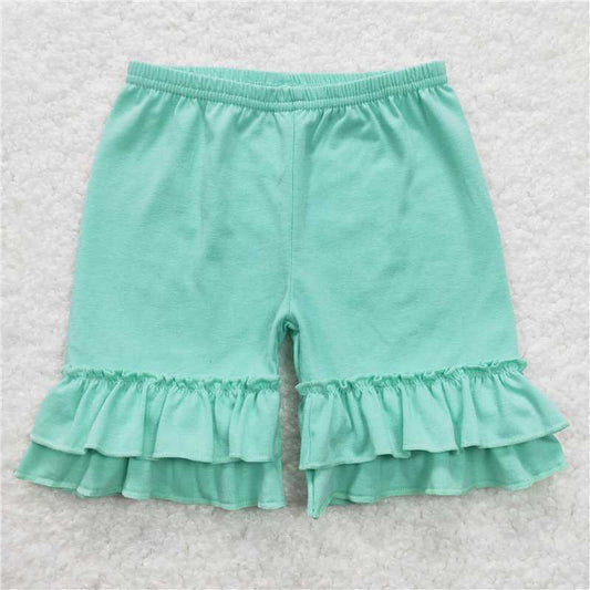 6.20 RTS NO MOQ Baby Girls Summer Pants SS0180 Green Cotton Double Ruffle Shorts