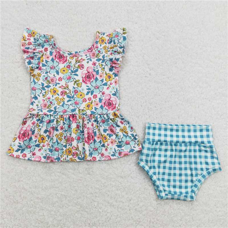 RTS NO MOQ Baby Girls Summer Outifts GBO0257 Blue Flowers Top Checkered Bummies Clothes Sets