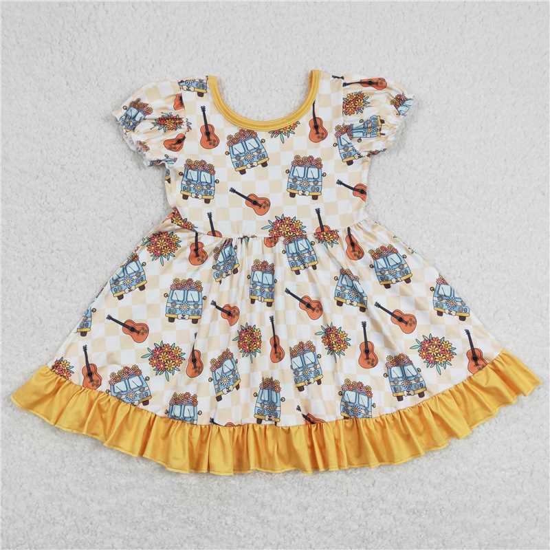 8.1 RTS NO MOQ Summer Baby Girls Dresses GSD0816 Flowers Guita Ruffle Knee Length Dresses