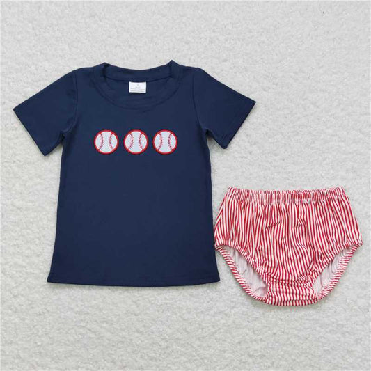 RTS NO MOQ Baby Girls Summer Outifts 	GBO0210 Navy Baseball Short Sleeve Tee Bummies Clothes Sets