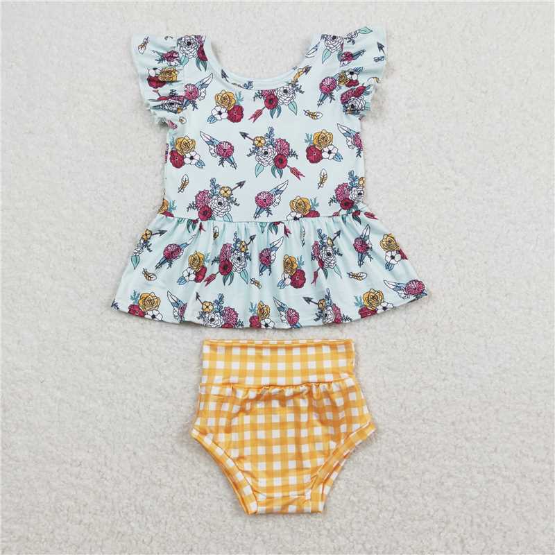RTS NO MOQ Baby Girls Summer Outifts GBO0281 Flowers Mustard Flutter Sleeve Tunic Top Bummies Clothes Sets