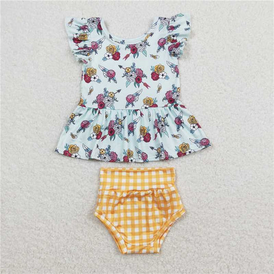 RTS NO MOQ Baby Girls Summer Outifts GBO0281 Flowers Mustard Flutter Sleeve Tunic Top Bummies Clothes Sets