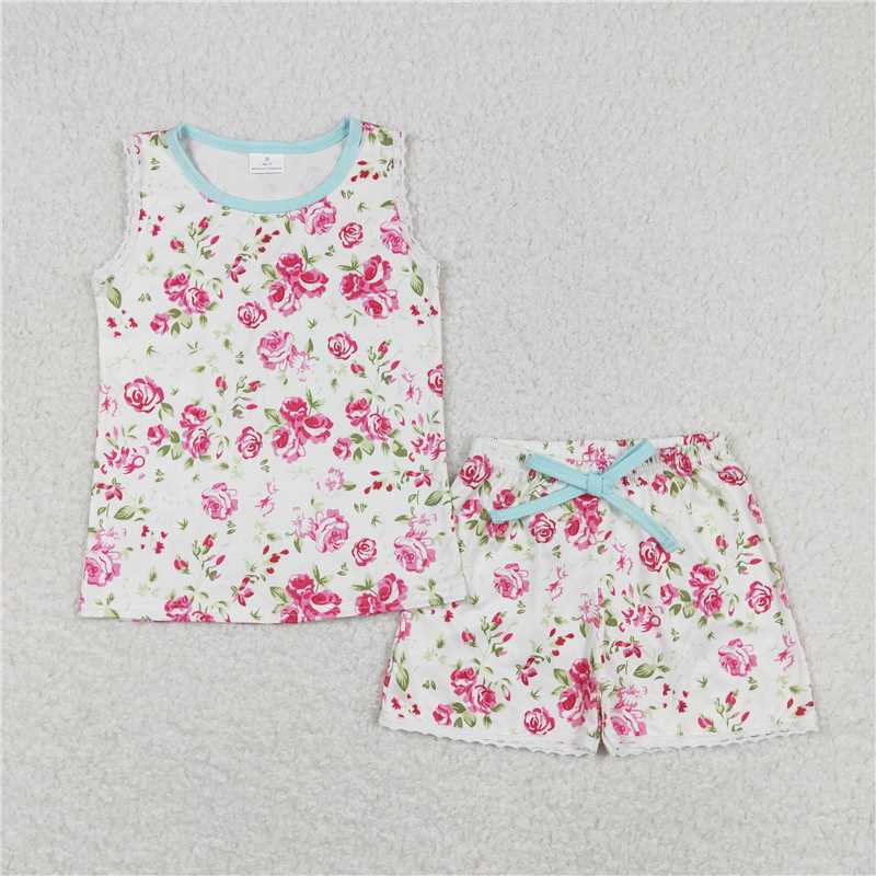 GSSO0674 Baby Toddler Girls Sleeveless Flowers Tee Top Shorts Pajamas Clothes Sets