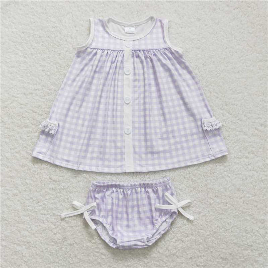RTS NO MOQ Baby Girls Summer Outifts 	GBO0260 Lavender Checkered Tunic Top Bummies Clothes Sets