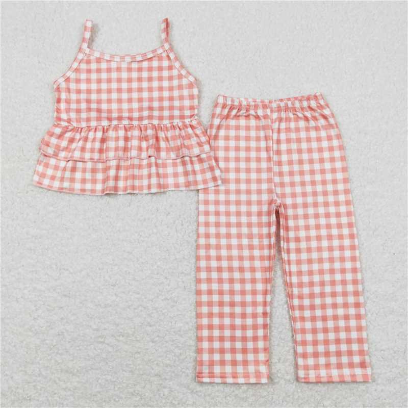 7.2 RTS NO MOQ Baby Girls Summer Kids Sets GSPO1377 Orange Checkered Tunic Top Wide Leg Pants Clothes Sets