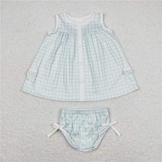 RTS NO MOQ Baby Girls Summer Outifts GBO0259 Light Green Checkered Tunic Top Bummies Clothes Sets